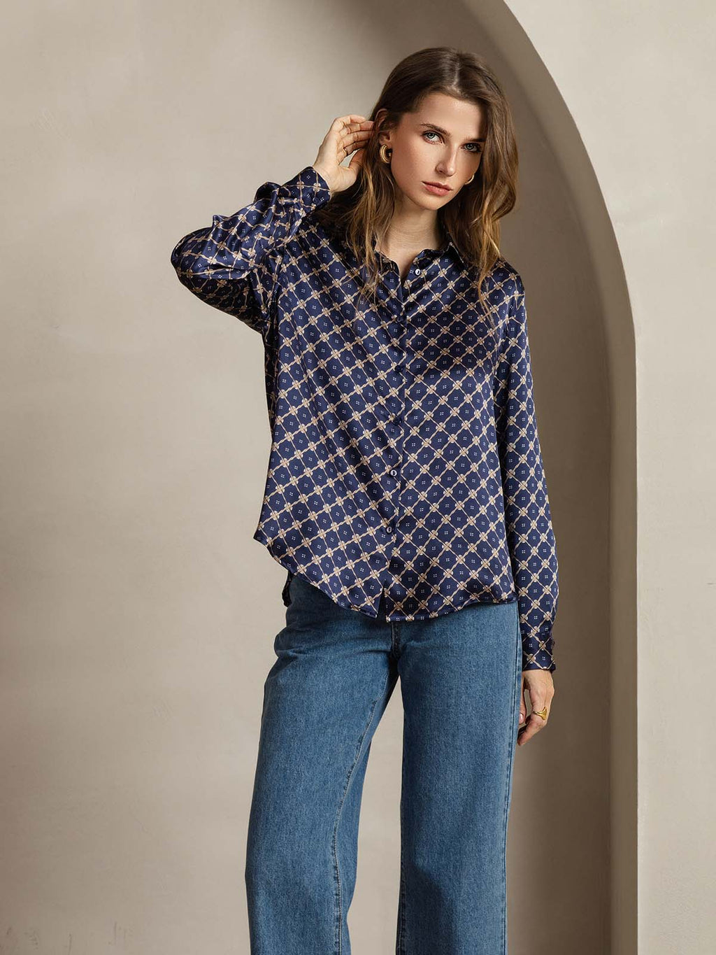 19Momme Seda Básica Cuello Militar Camisa