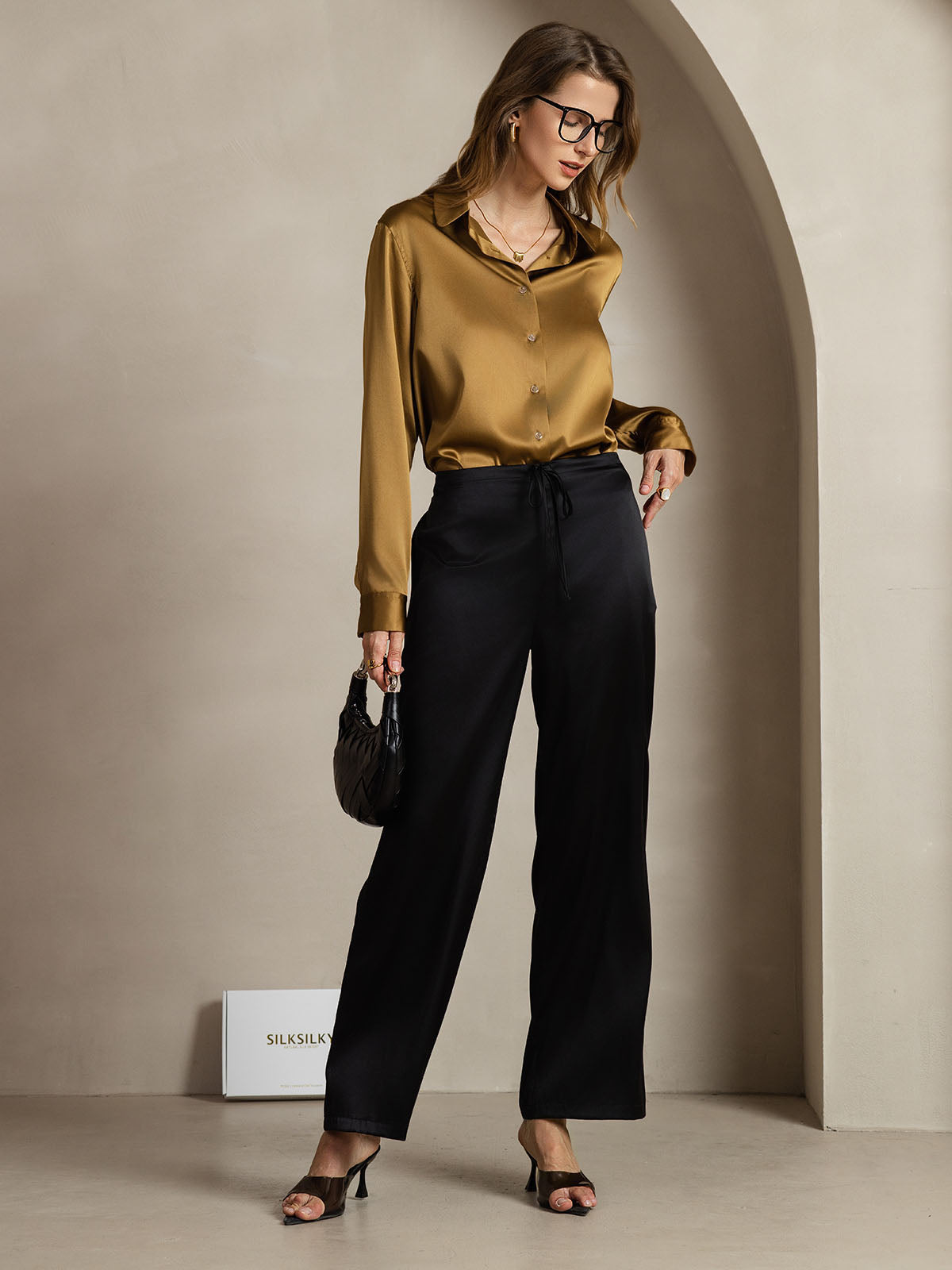 19Momme Seda Básica Cuello Militar Camisa