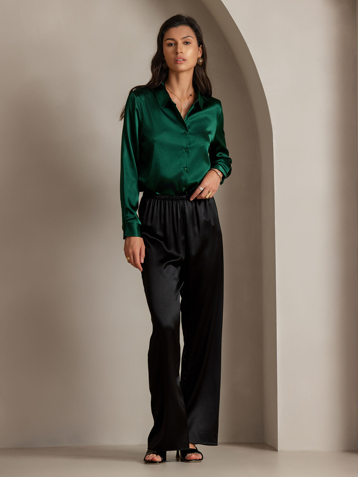 19Momme Seda Básica Cuello Militar Camisa