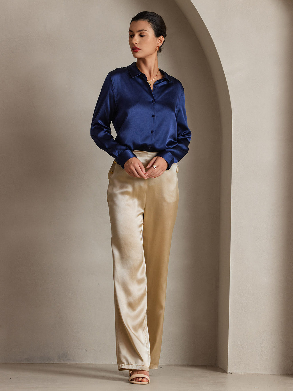 19Momme Seda Básica Cuello Militar Camisa