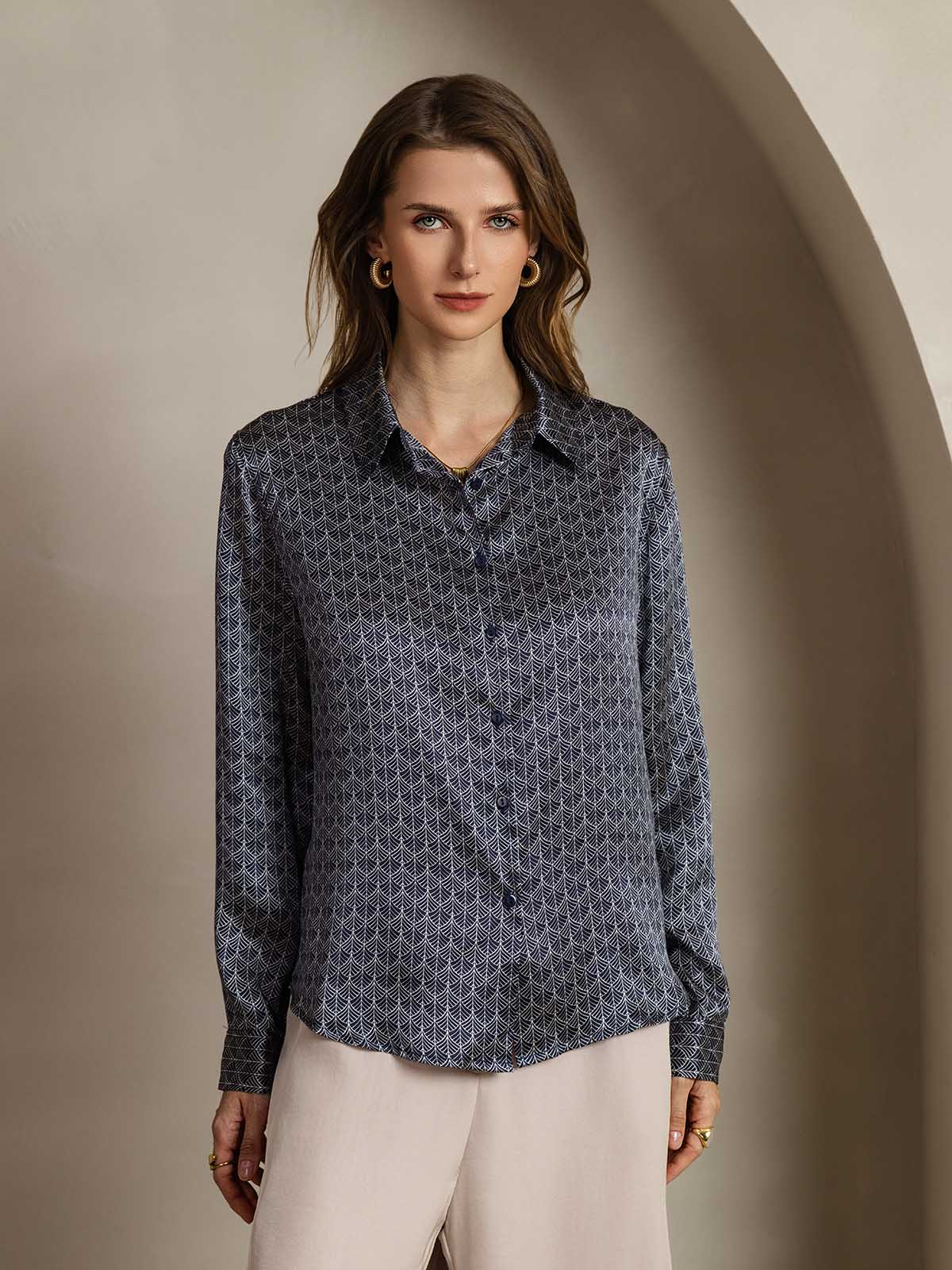 19Momme Seda Básica Cuello Militar Camisa