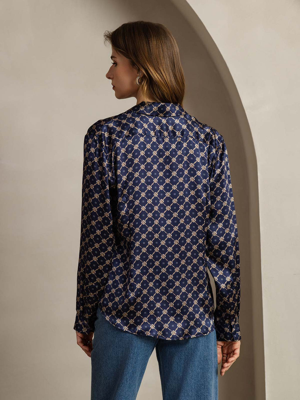 19Momme Seda Básica Cuello Militar Camisa