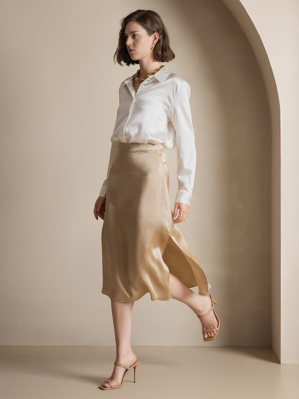 19Momme Seda Básica Cuello Militar Camisa