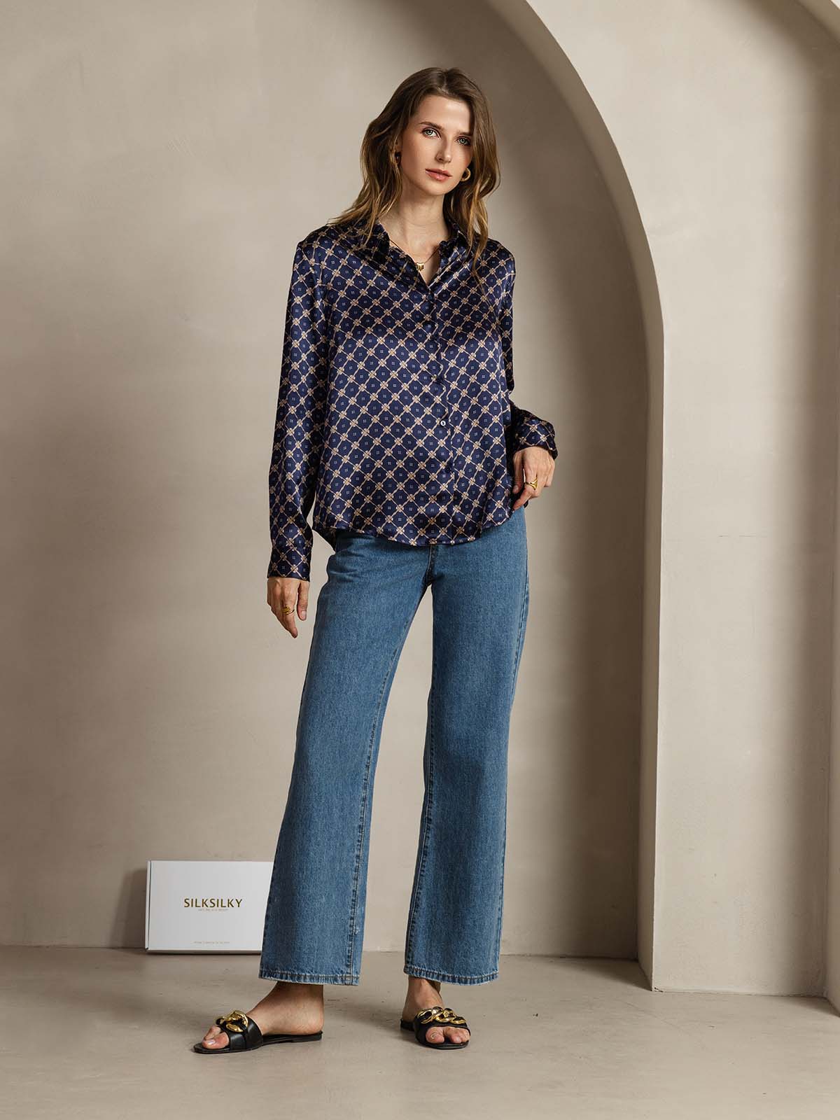 19Momme Seda Básica Cuello Militar Camisa