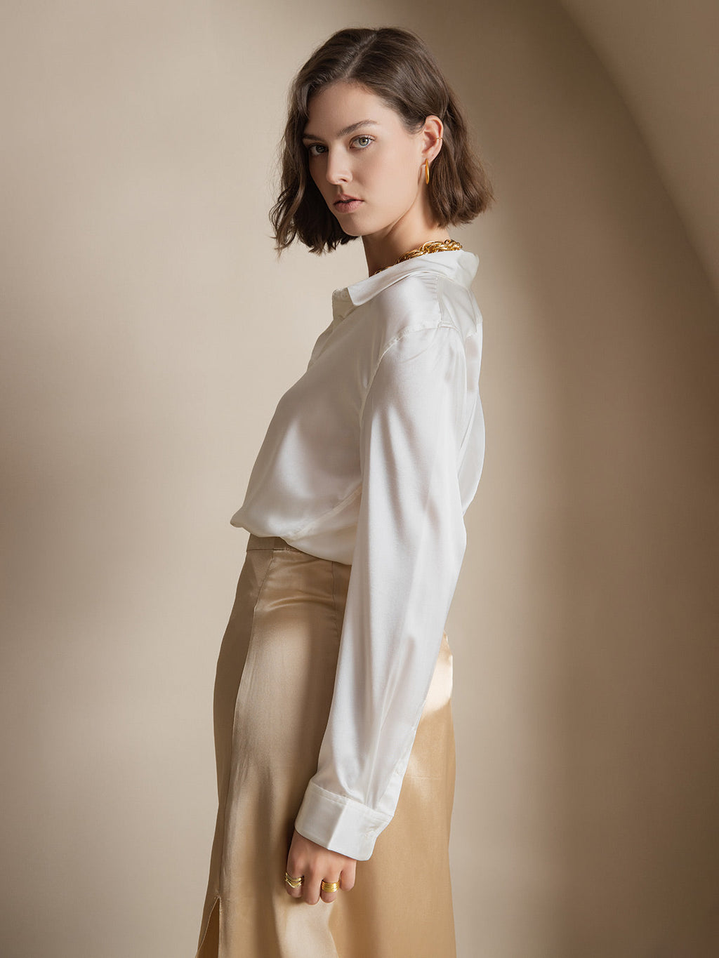 19Momme Seda Básica Cuello Militar Camisa