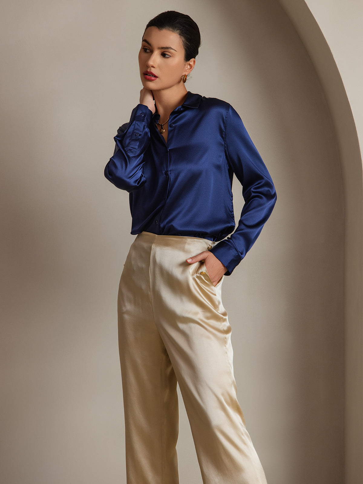 19Momme Seda Básica Cuello Militar Camisa