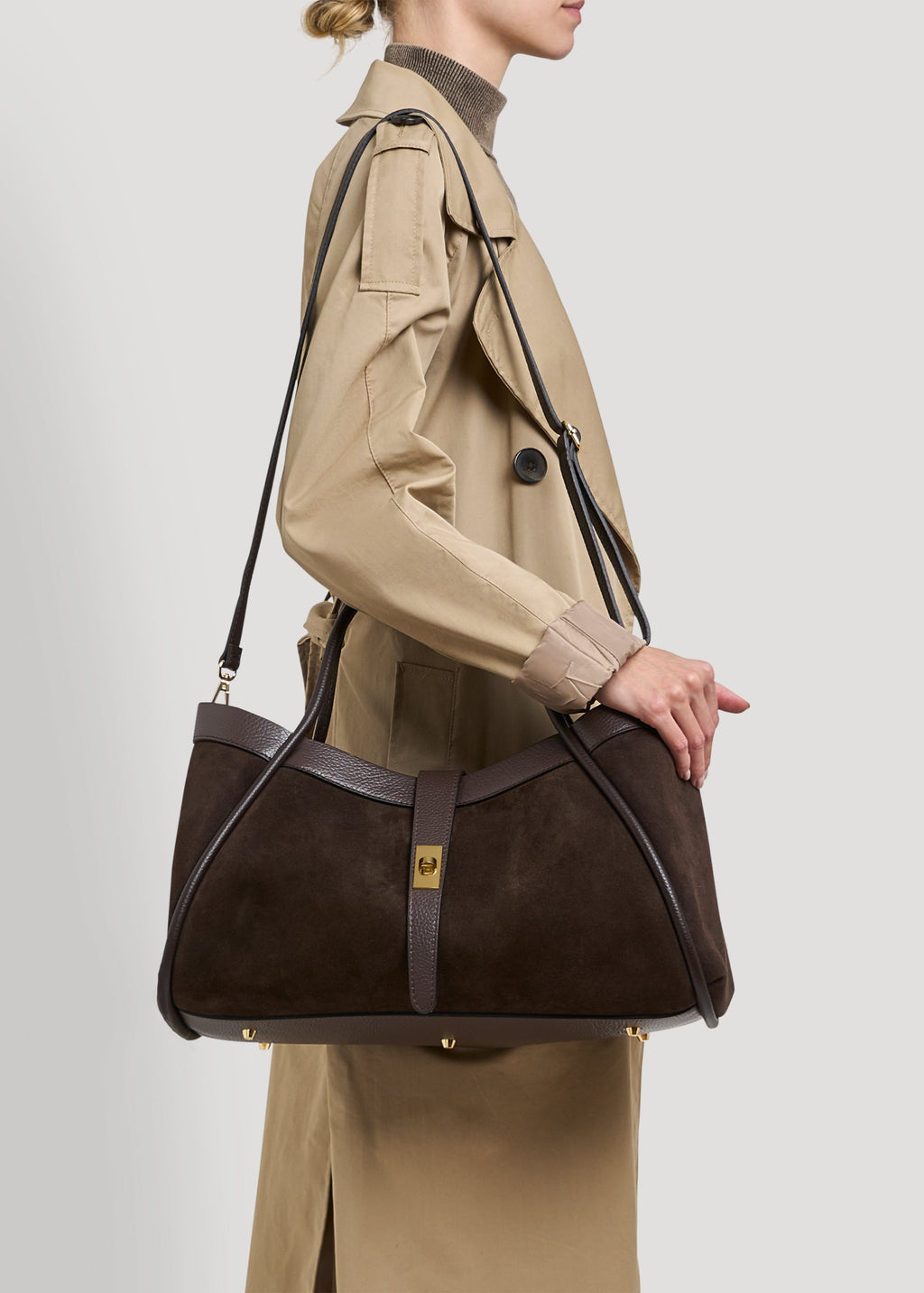 Bolso Lucia en ante y piel Togo color marrón oscuro