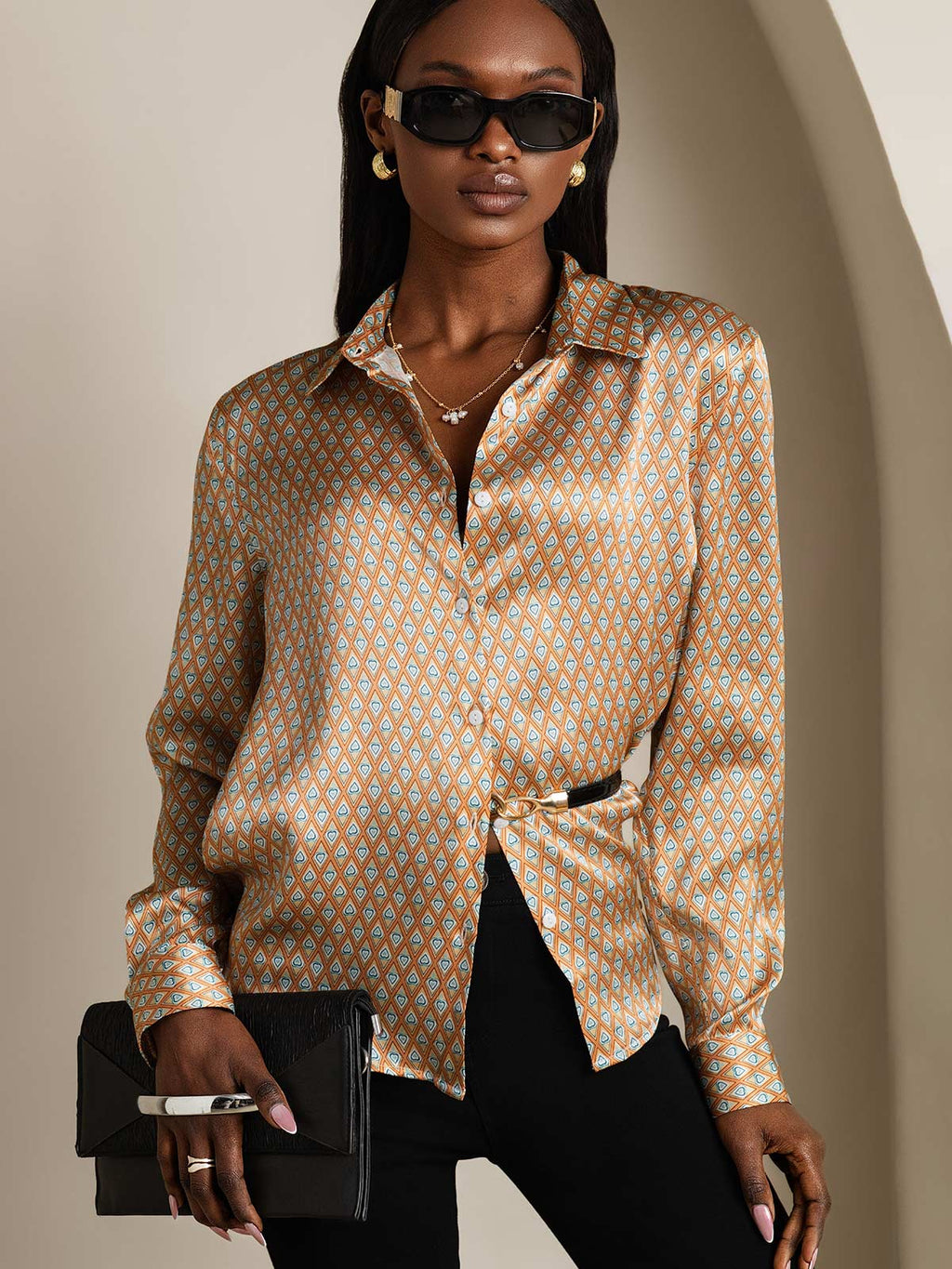 19Momme Seda Básica Cuello Militar Camisa