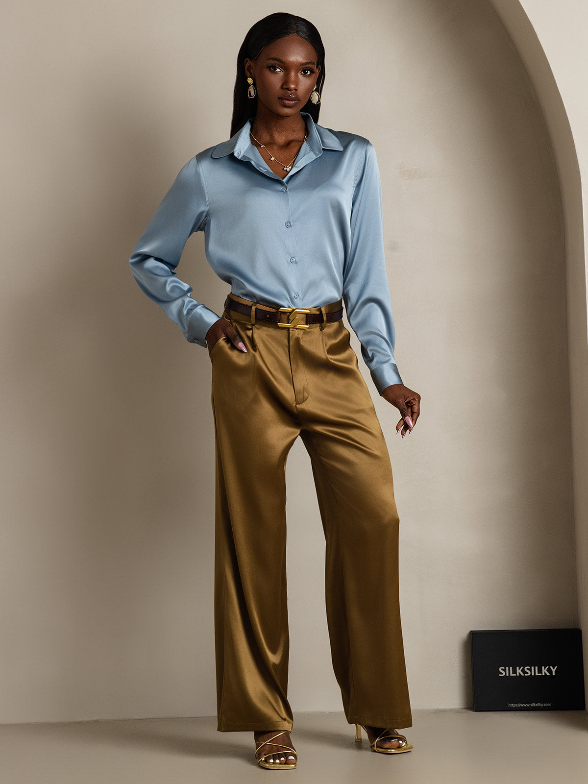 19Momme Seda Básica Cuello Militar Camisa