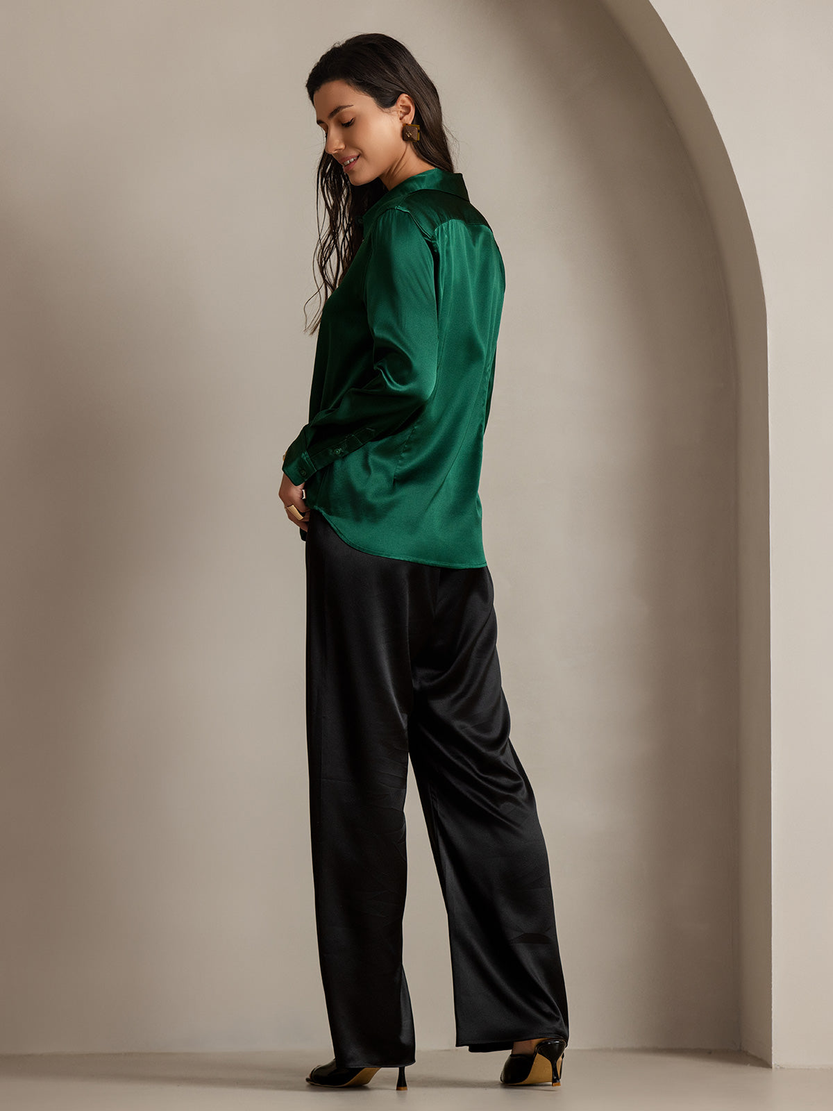 19Momme Seda Básica Cuello Militar Camisa