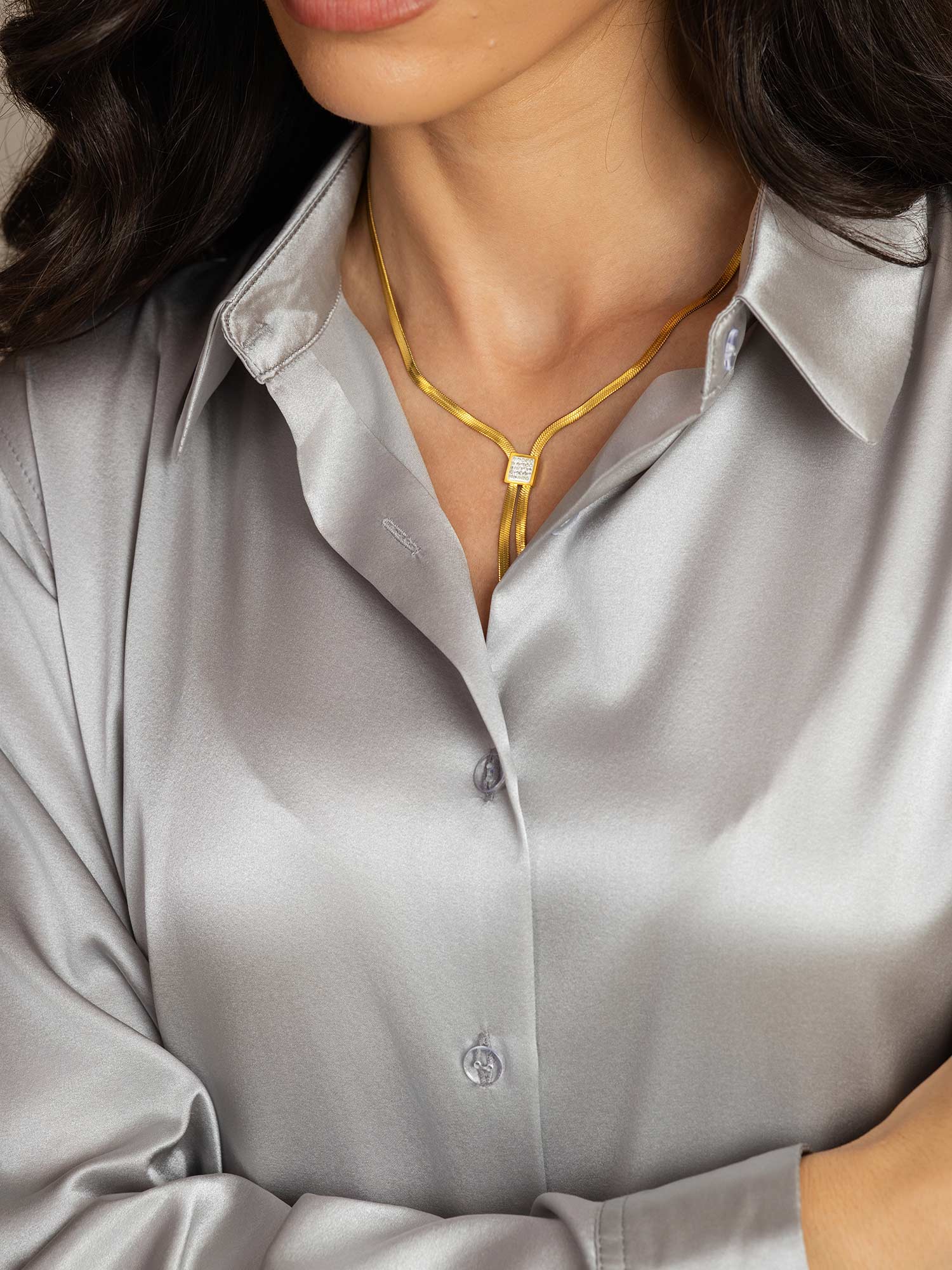 19Momme Seda Básica Cuello Militar Camisa