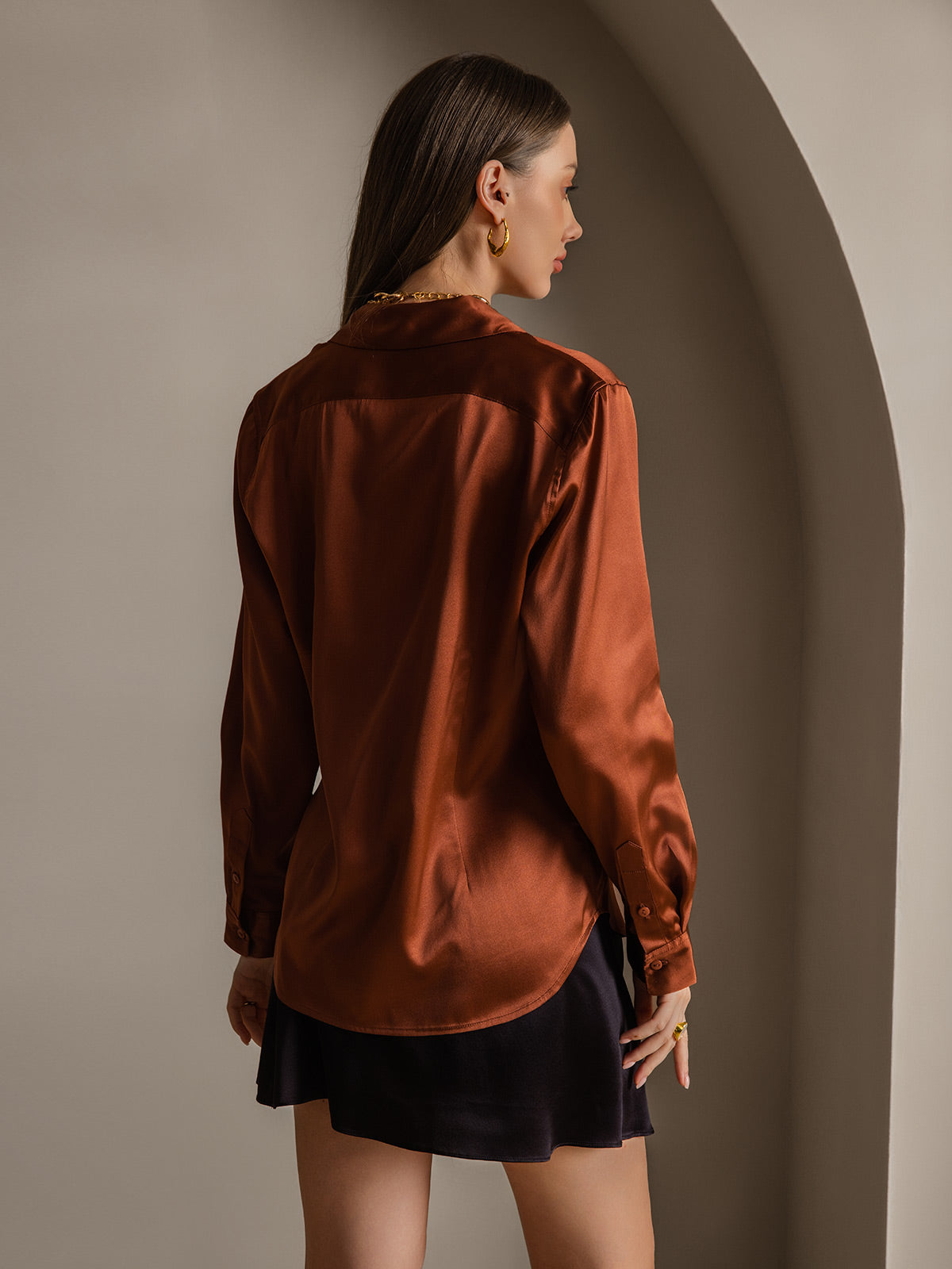 19Momme Seda Básica Cuello Militar Camisa