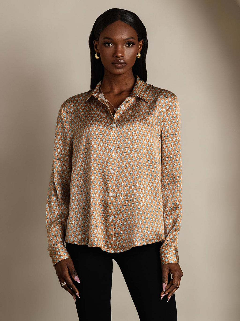 19Momme Seda Básica Cuello Militar Camisa