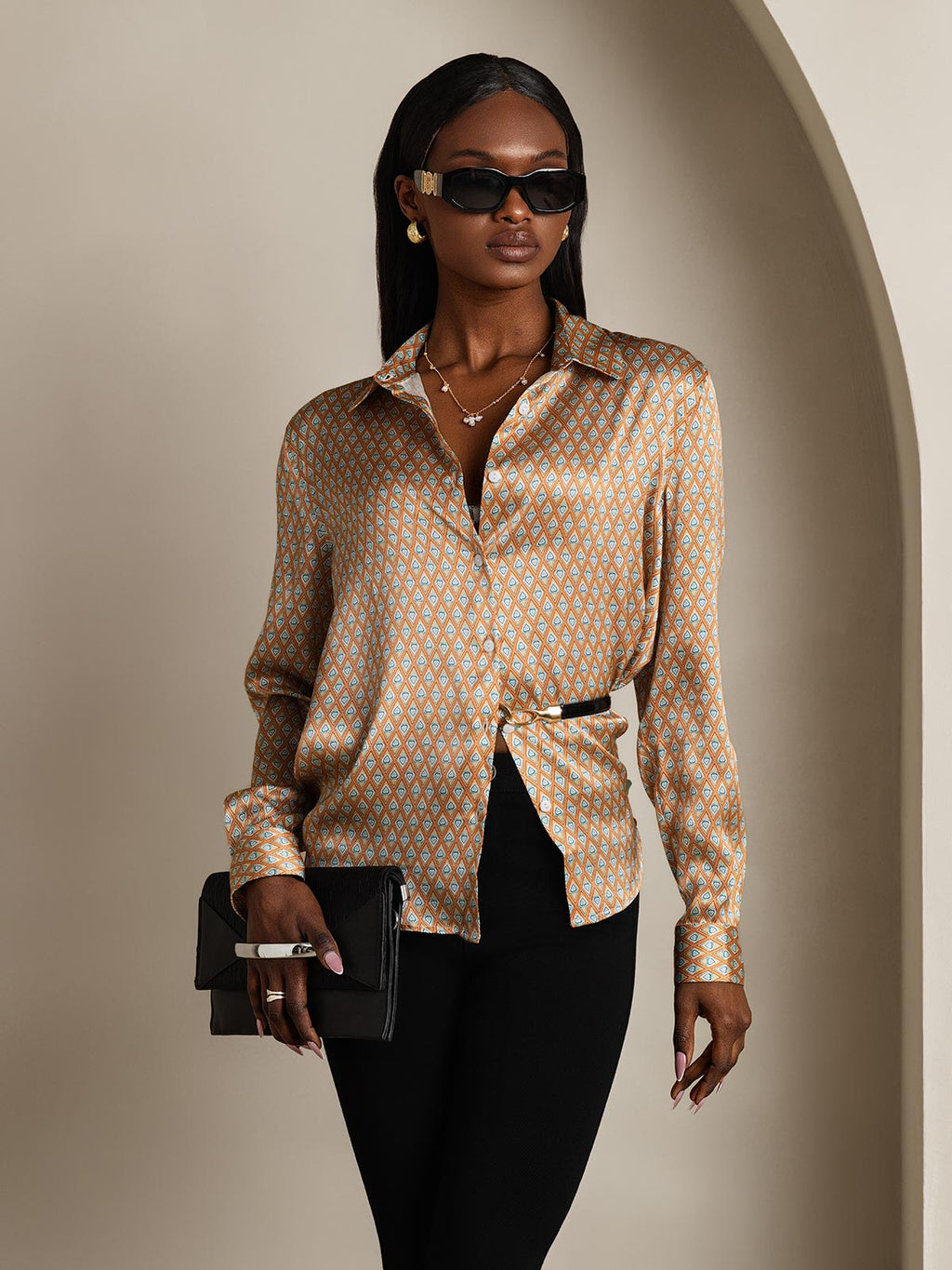 19Momme Seda Básica Cuello Militar Camisa