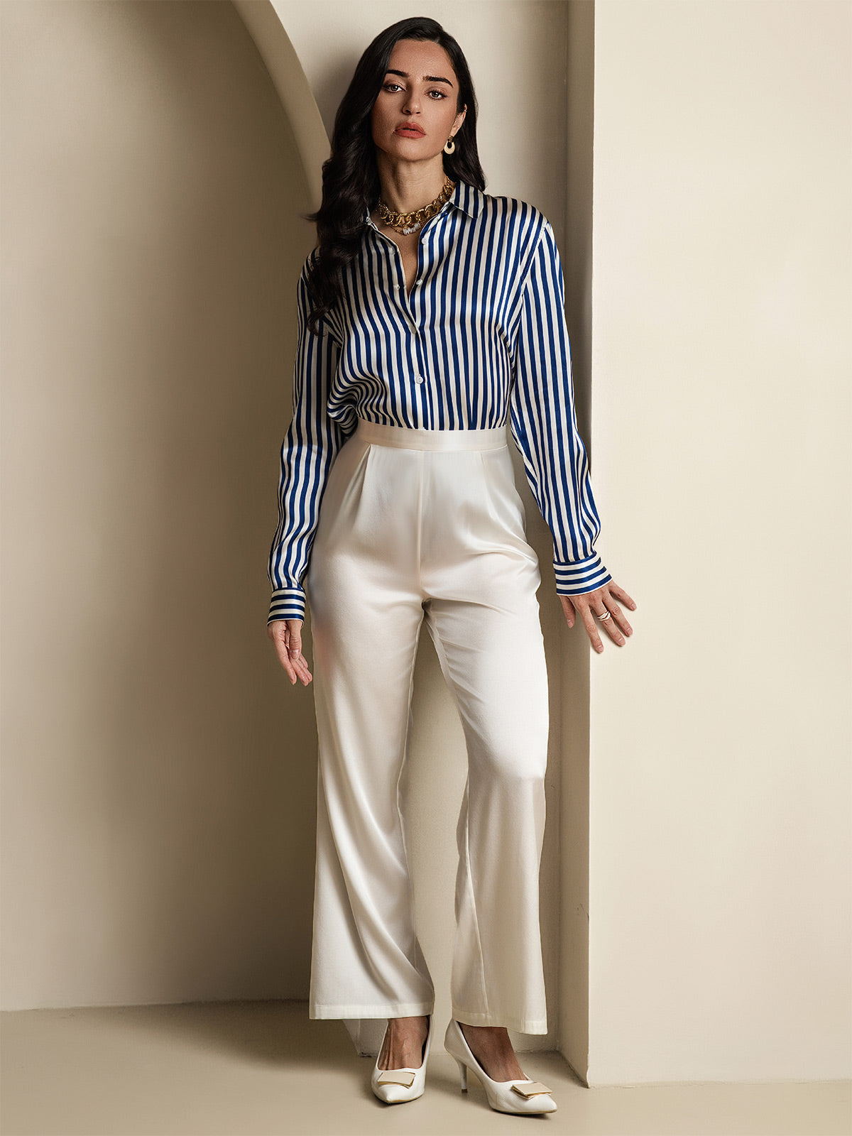 19Momme Seda Básica Cuello Militar Camisa