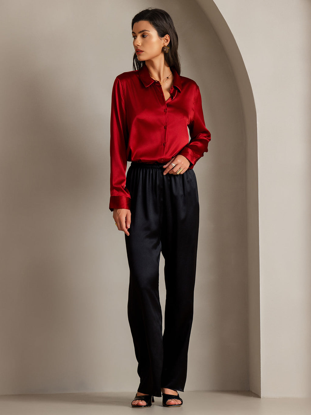 19Momme Seda Básica Cuello Militar Camisa