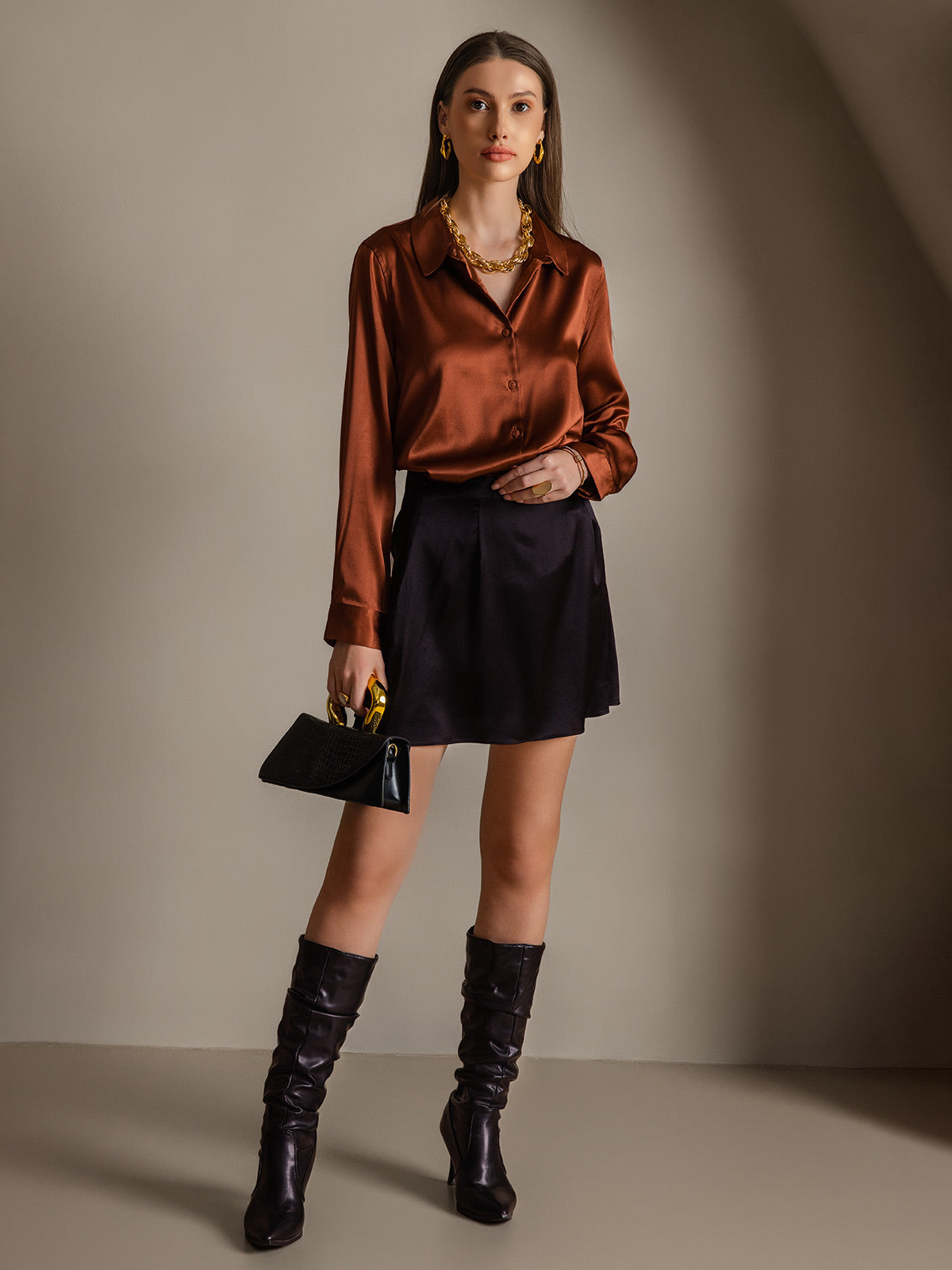 19Momme Seda Básica Cuello Militar Camisa