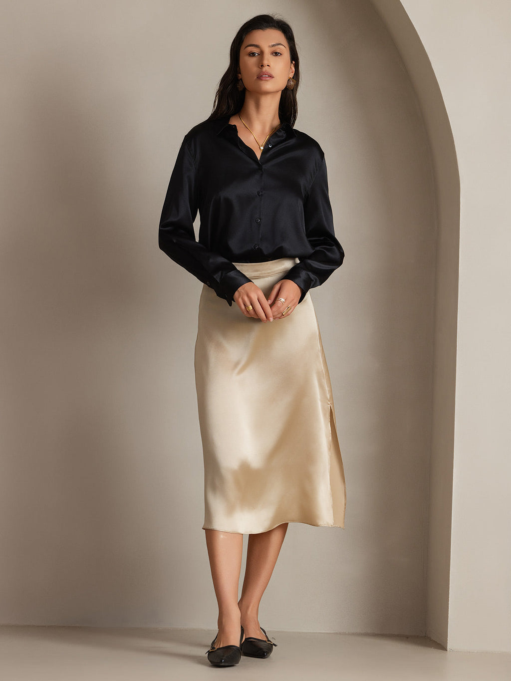 19Momme Seda Básica Cuello Militar Camisa