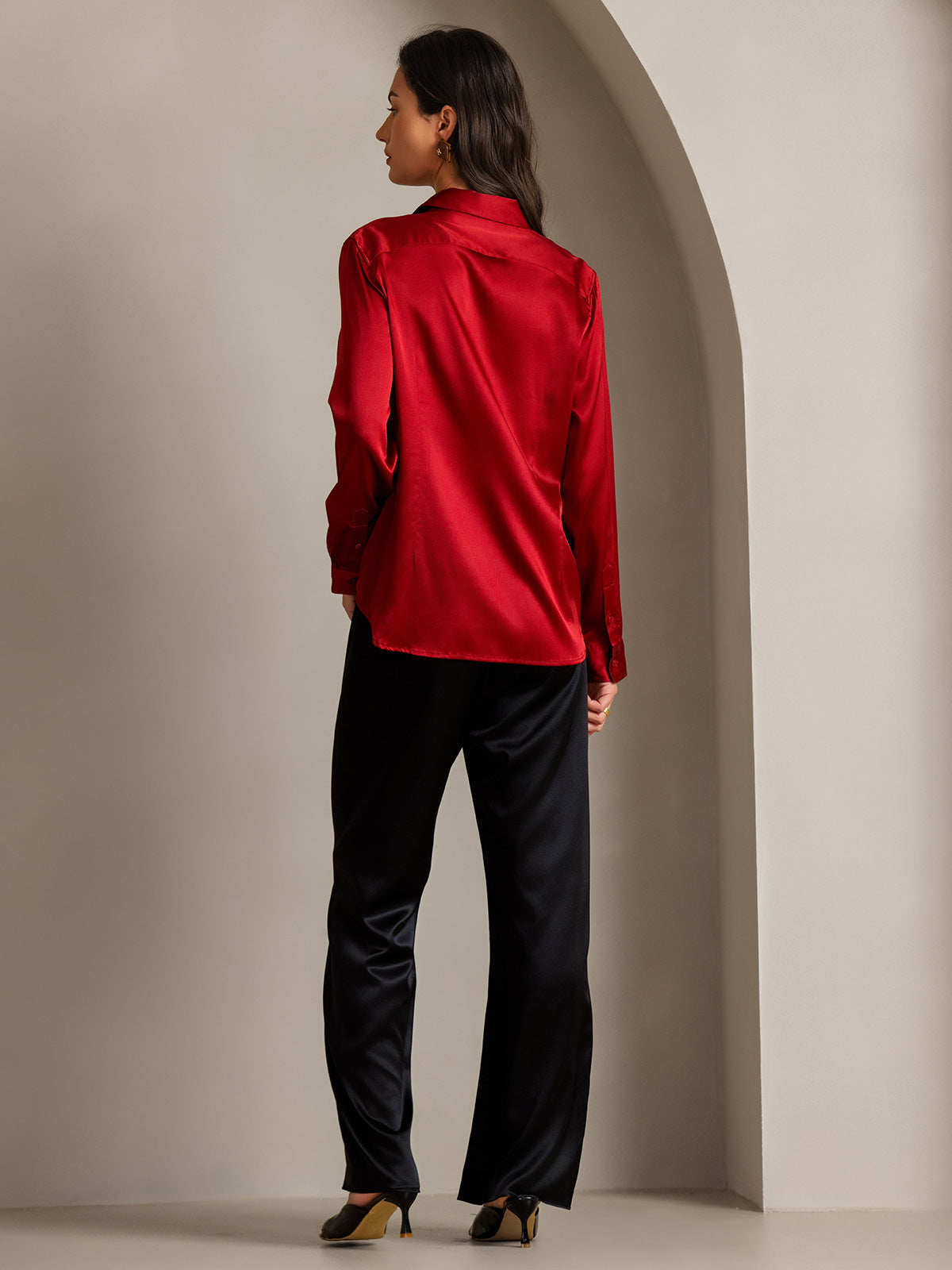 19Momme Seda Básica Cuello Militar Camisa