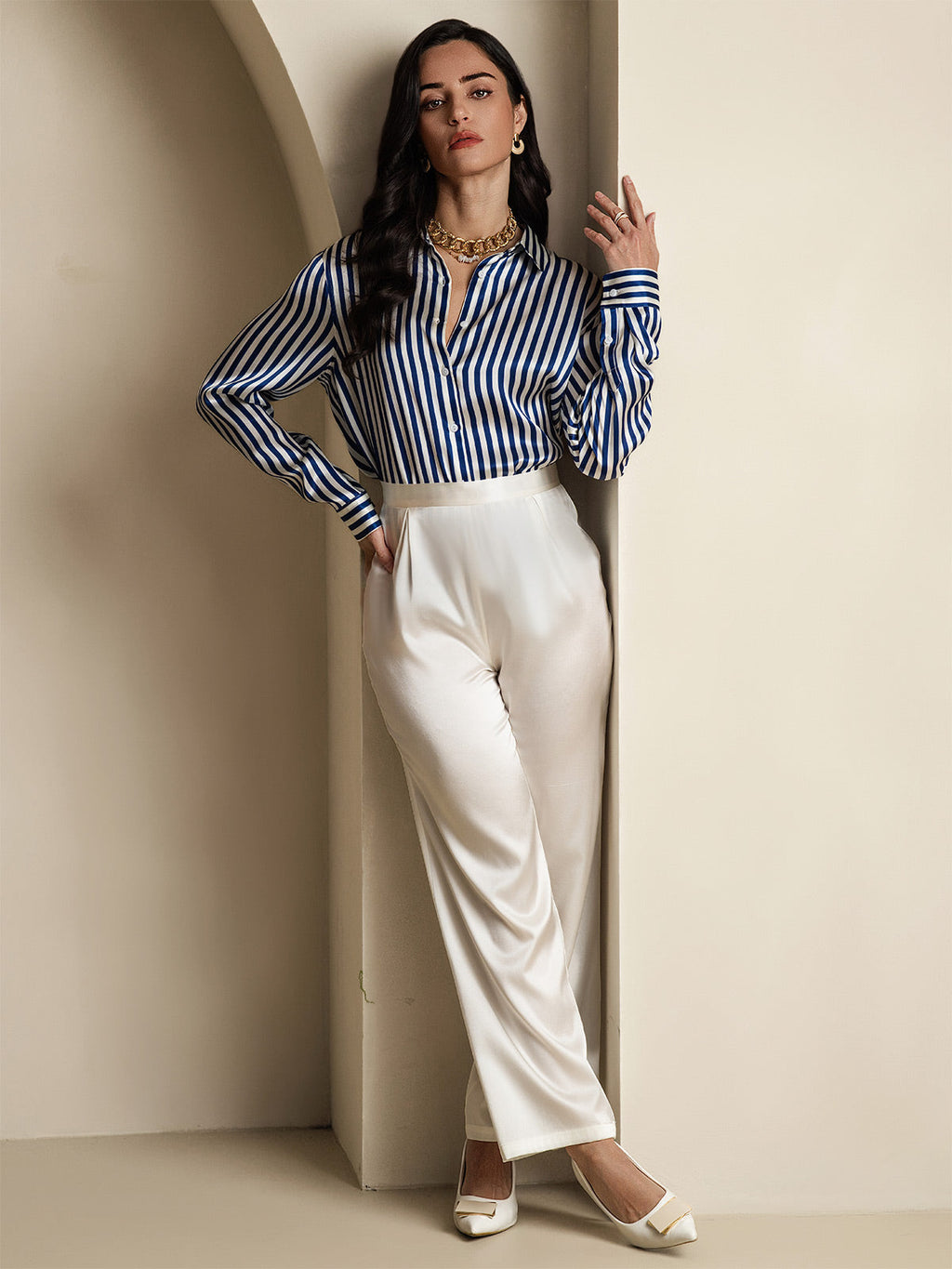 19Momme Seda Básica Cuello Militar Camisa