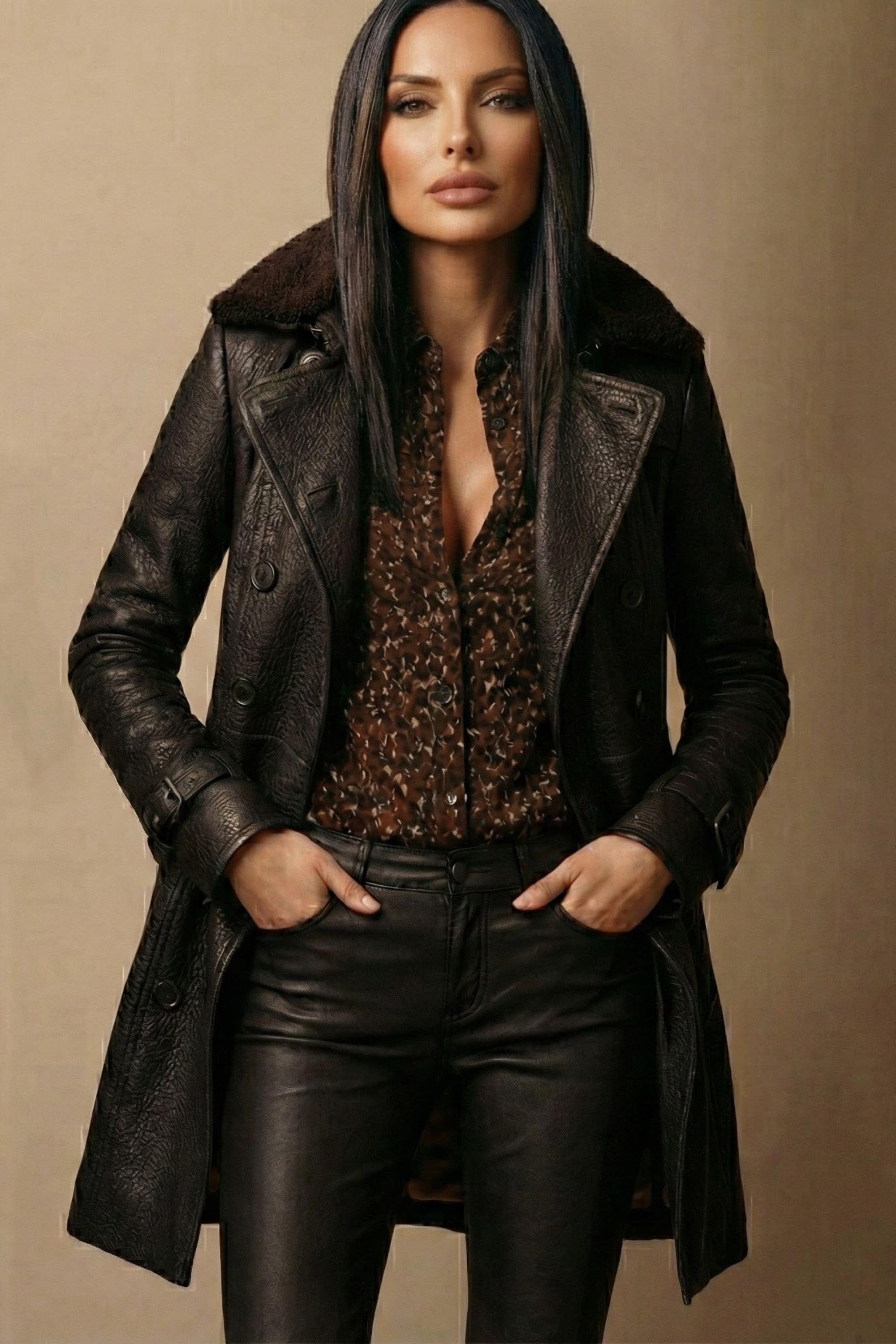 Elegante abrigo de cuero de 3/4 de largo