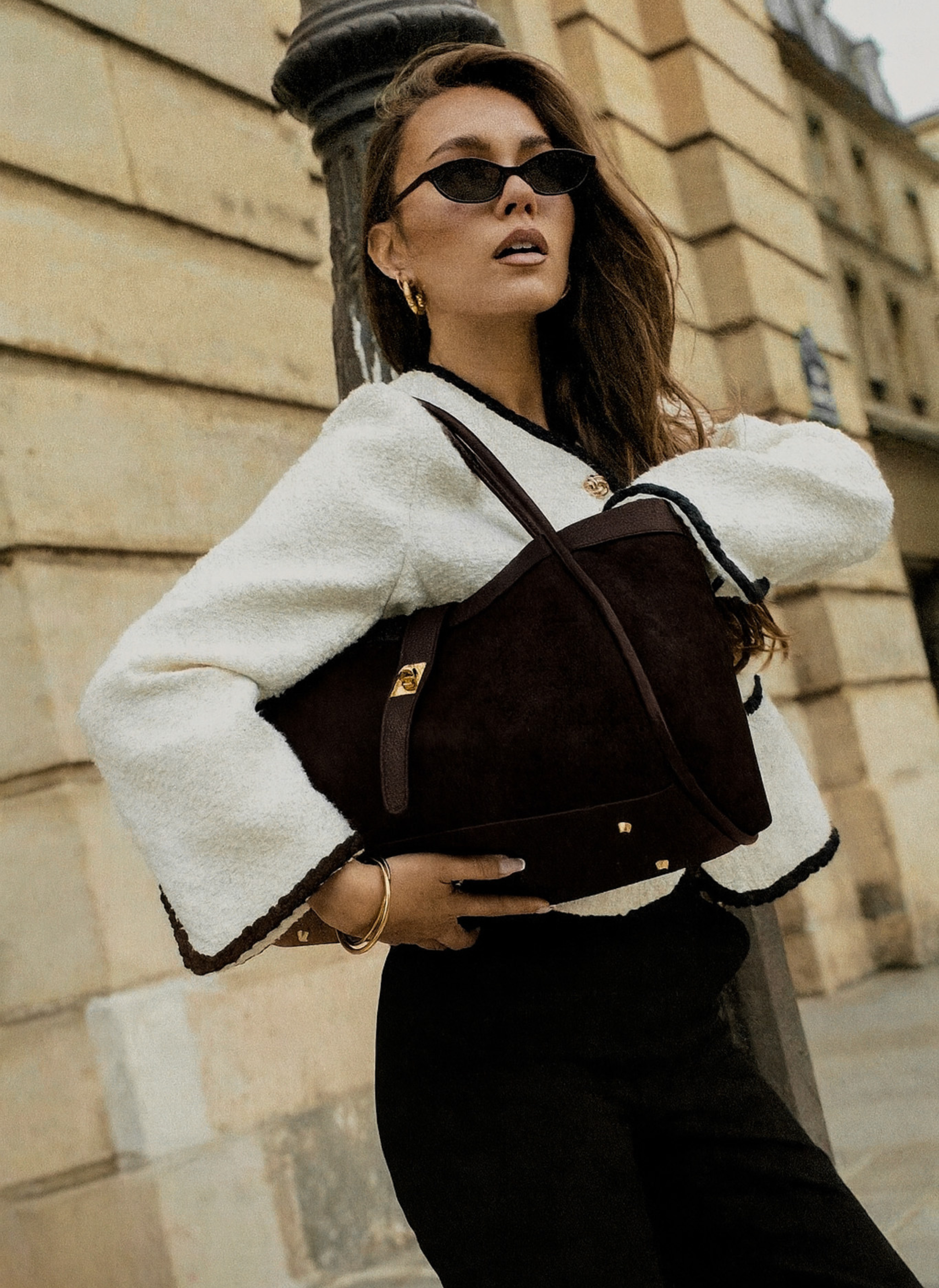 Bolso Lucia en ante y piel Togo color marrón oscuro