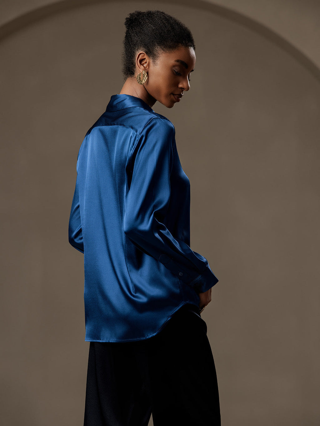 19Momme Seda Básica Cuello Militar Camisa