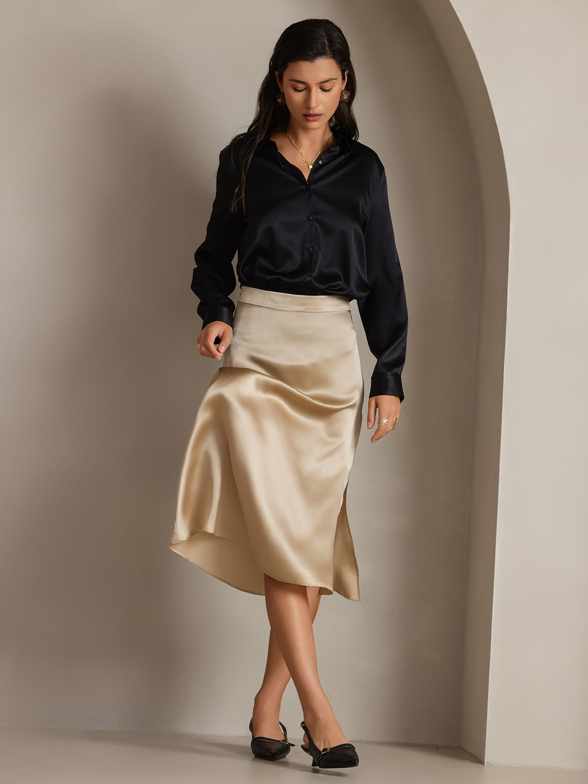 19Momme Seda Básica Cuello Militar Camisa