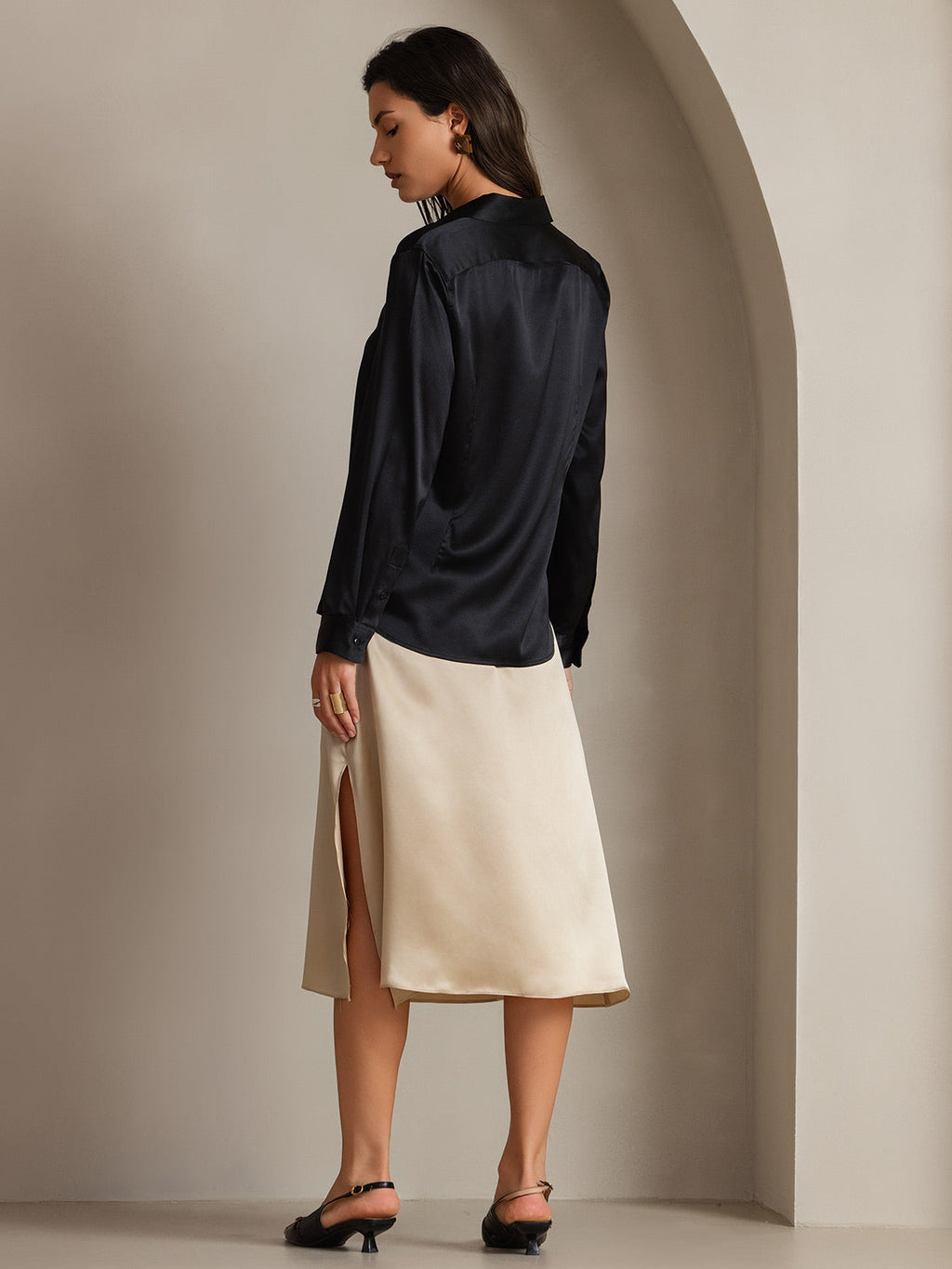 19Momme Seda Básica Cuello Militar Camisa