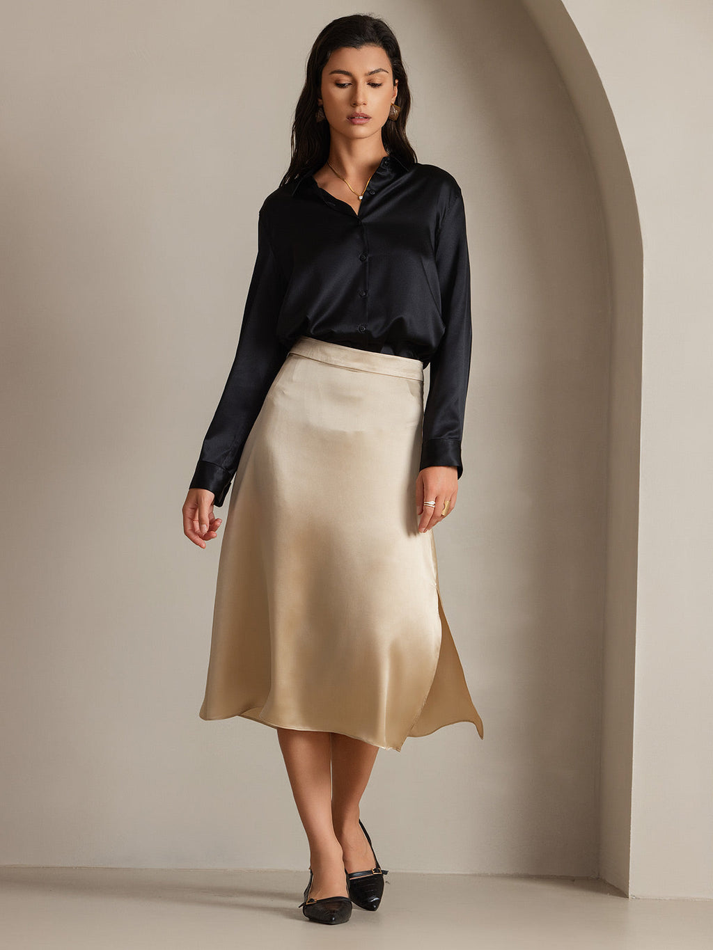 19Momme Seda Básica Cuello Militar Camisa