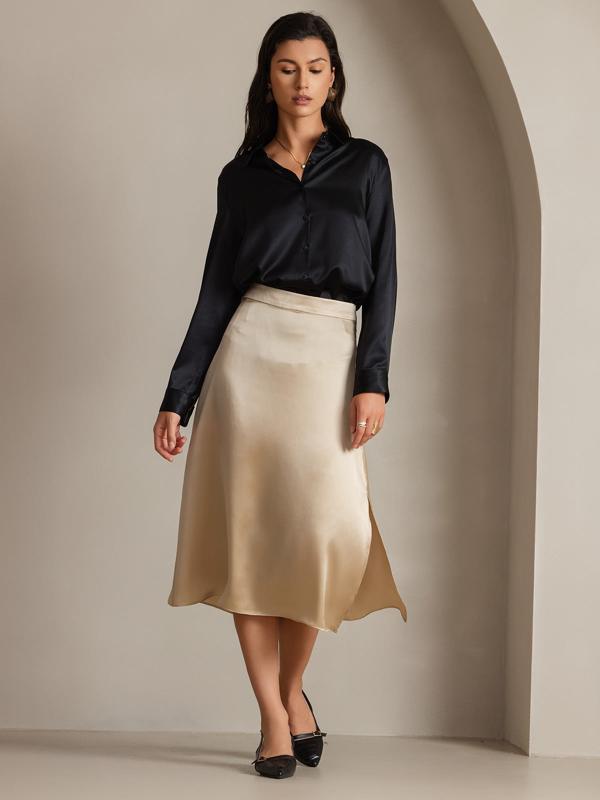 19Momme Seda Básica Cuello Militar Camisa