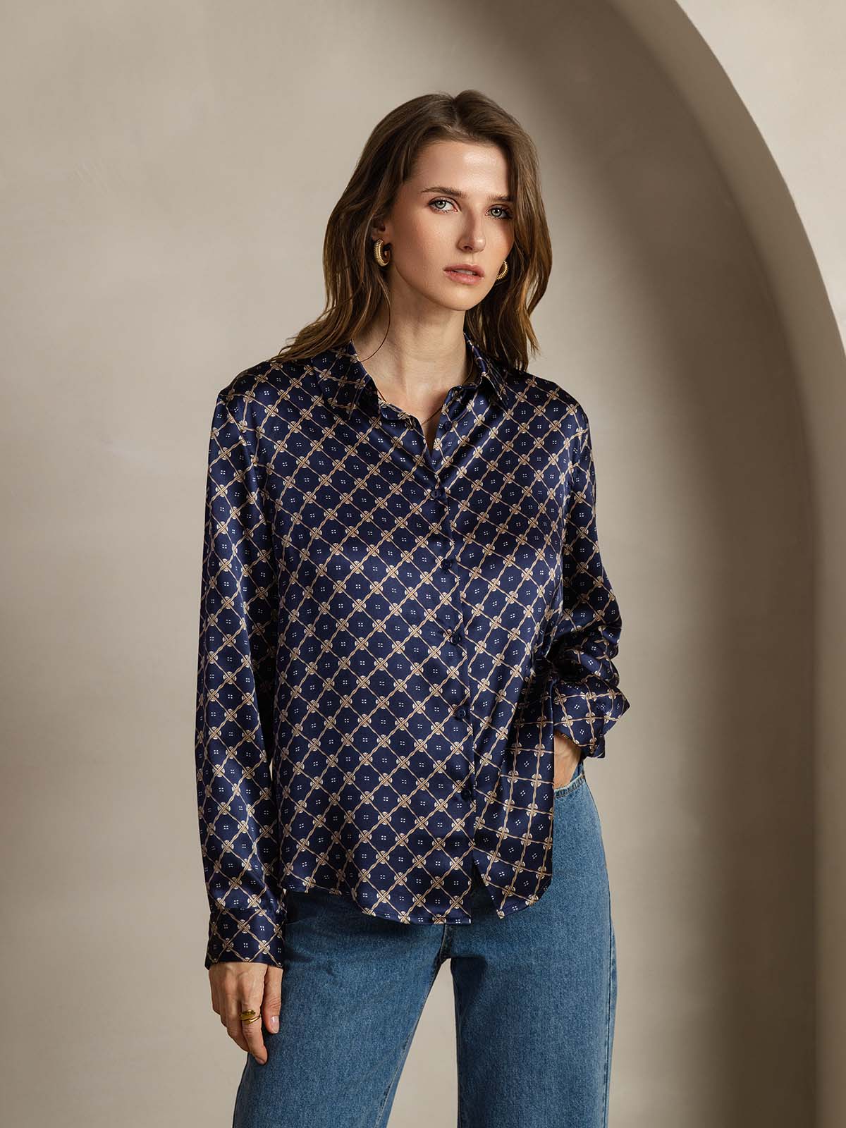 19Momme Seda Básica Cuello Militar Camisa