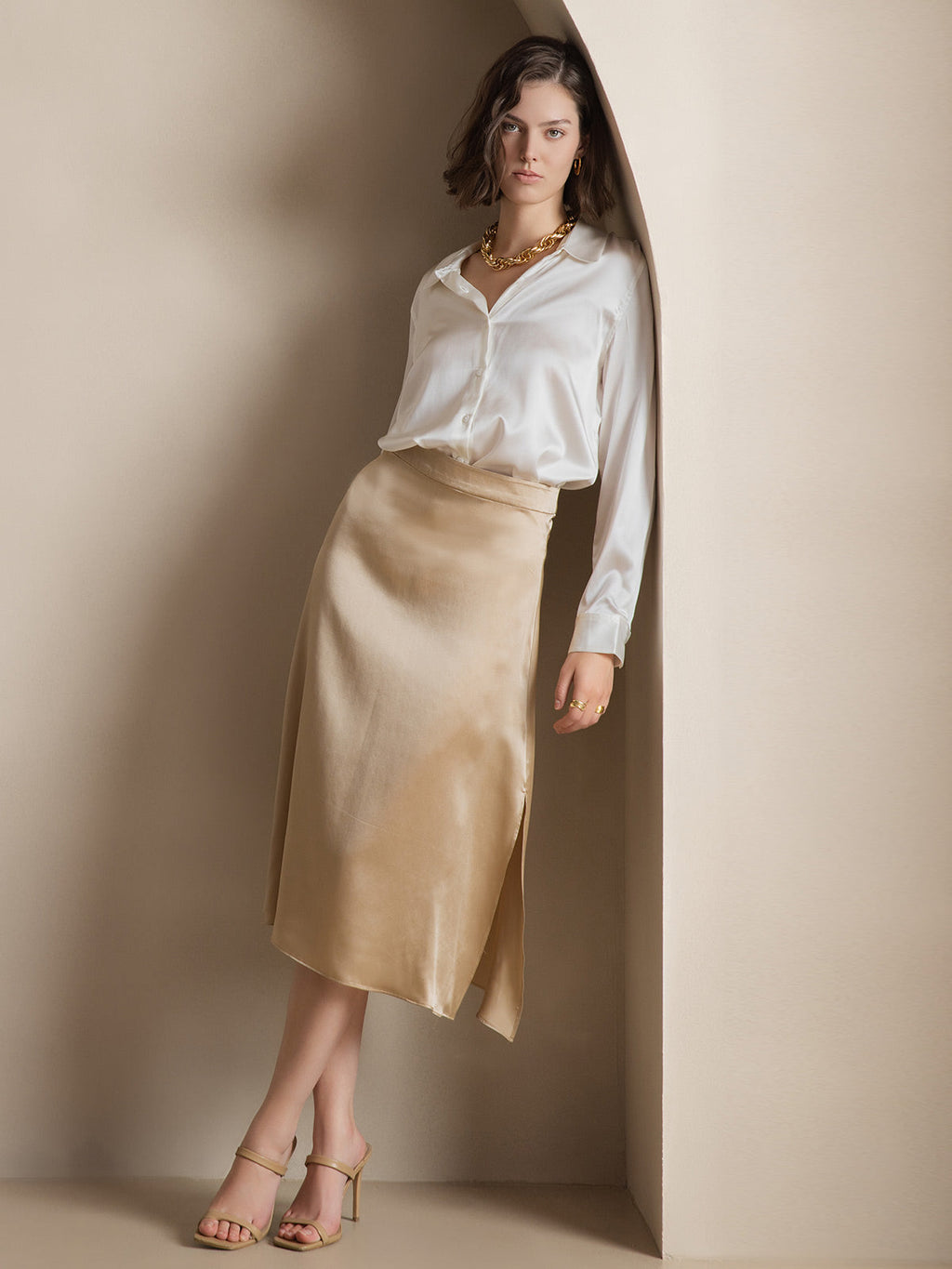 19Momme Seda Básica Cuello Militar Camisa