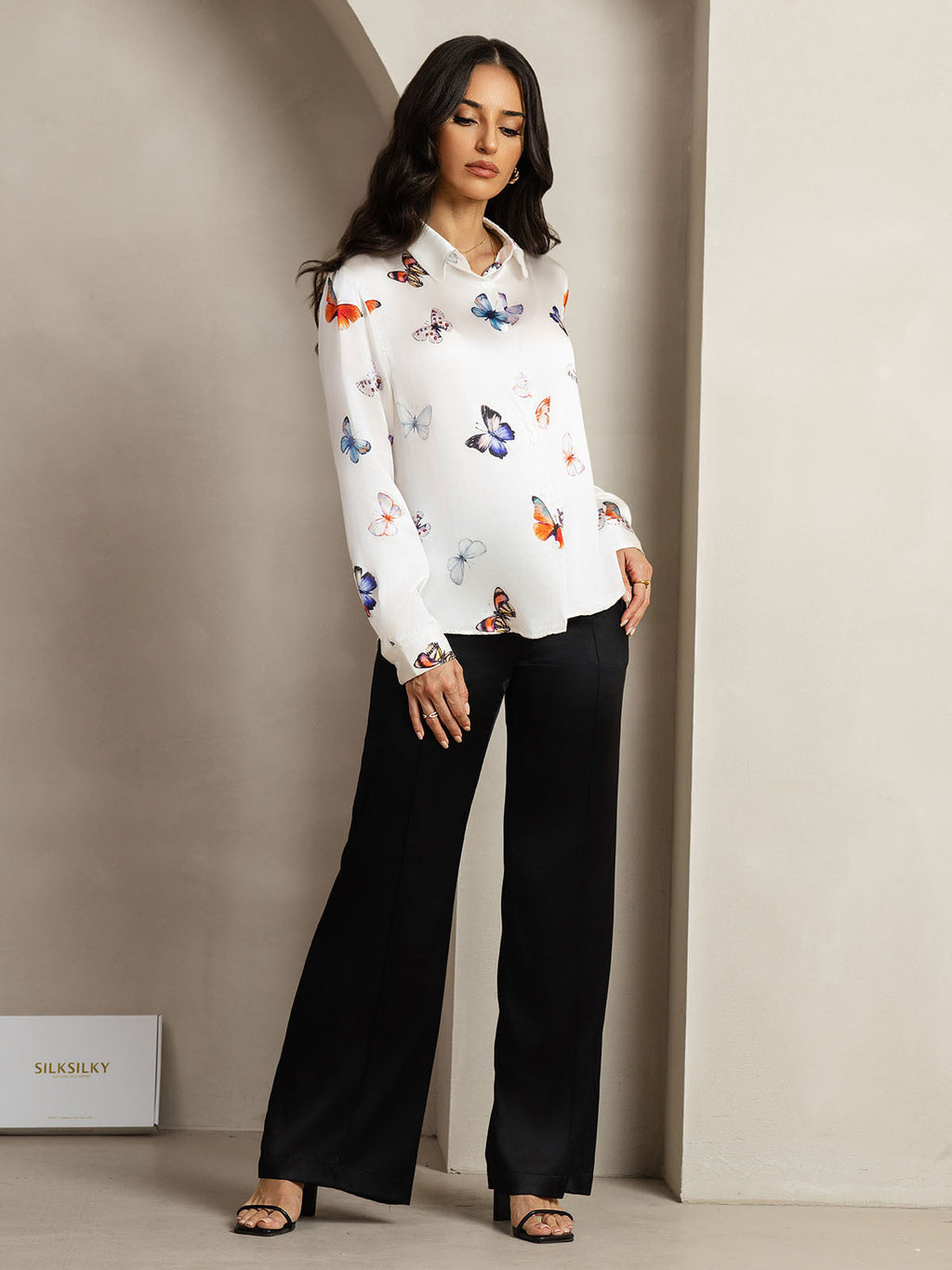 19Momme Seda Básica Cuello Militar Camisa