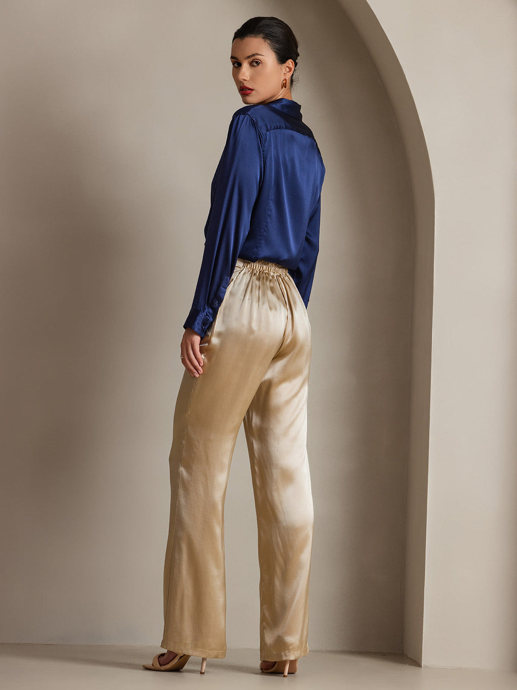 19Momme Seda Básica Cuello Militar Camisa