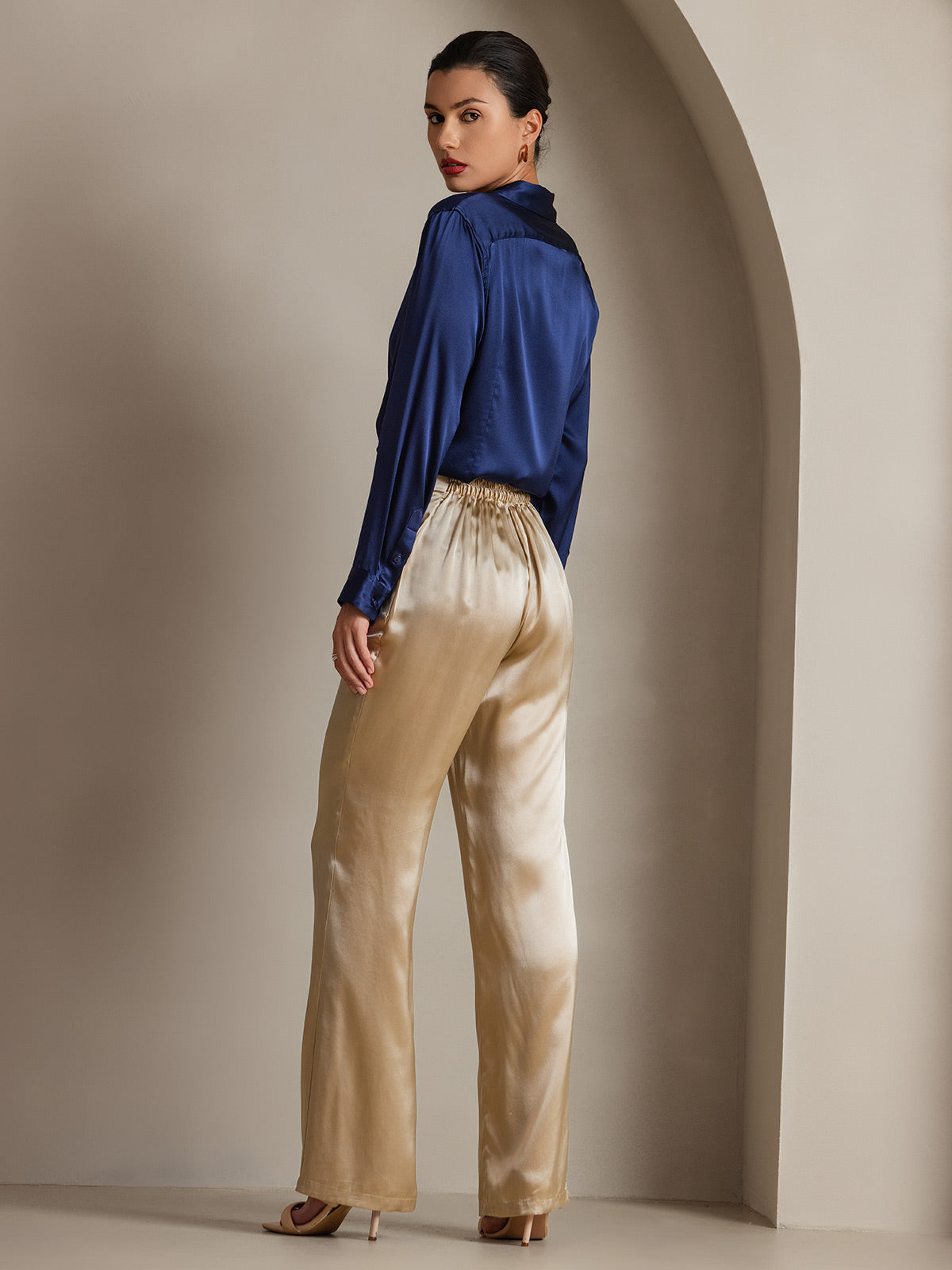 19Momme Seda Básica Cuello Militar Camisa