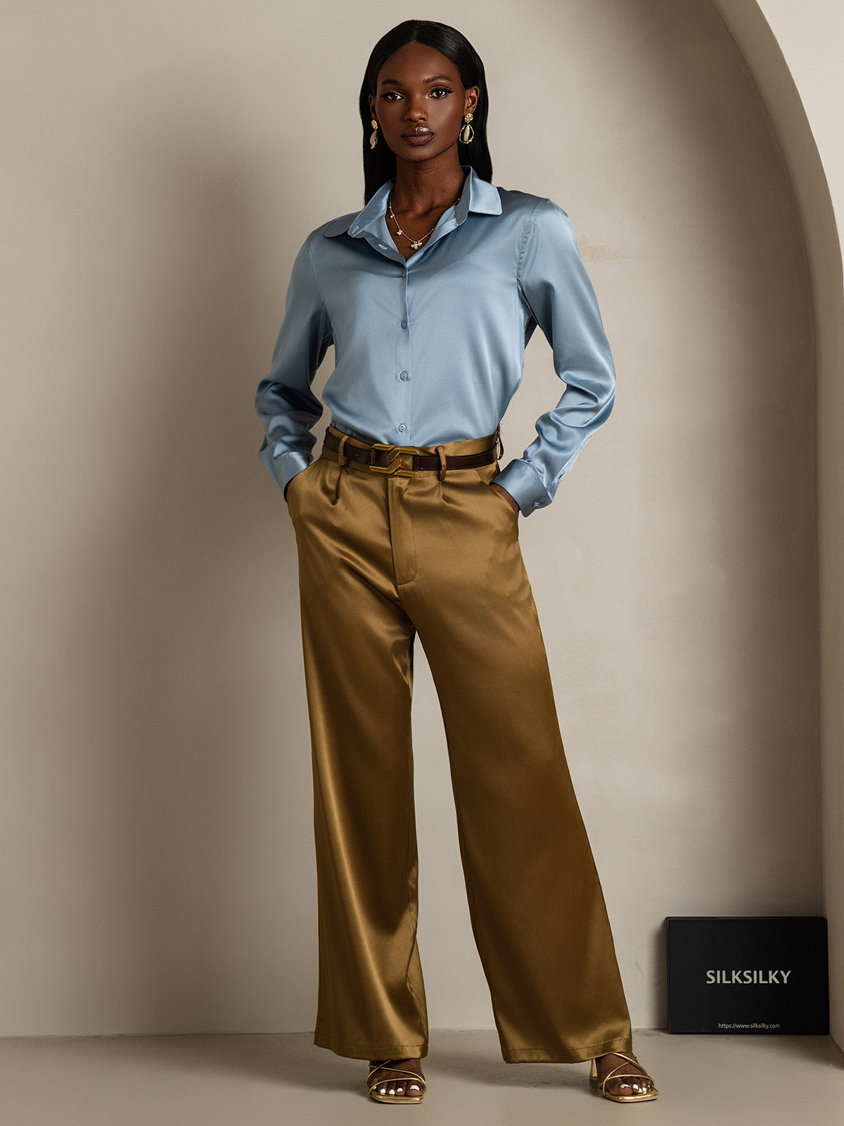 19Momme Seda Básica Cuello Militar Camisa