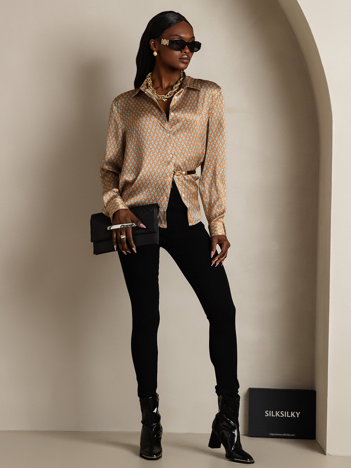 19Momme Seda Básica Cuello Militar Camisa