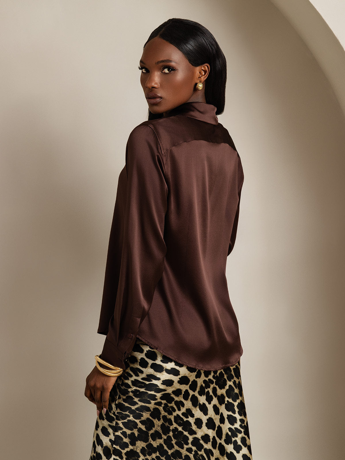 19Momme Seda Básica Cuello Militar Camisa