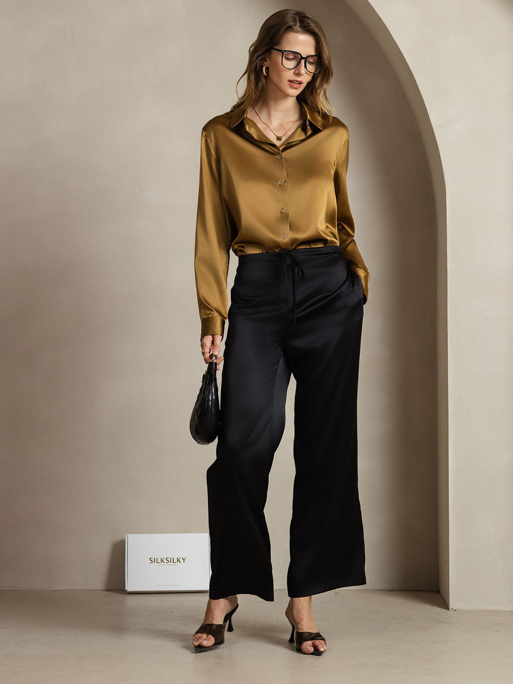 19Momme Seda Básica Cuello Militar Camisa