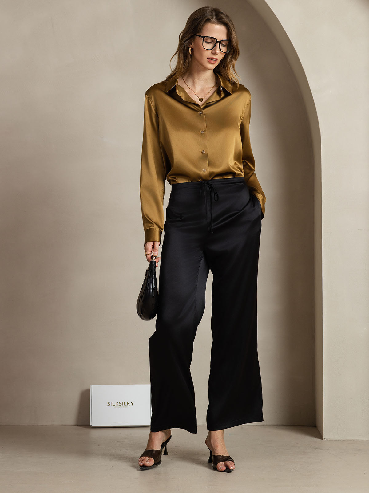 19Momme Seda Básica Cuello Militar Camisa