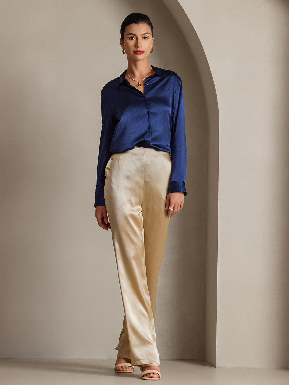 19Momme Seda Básica Cuello Militar Camisa