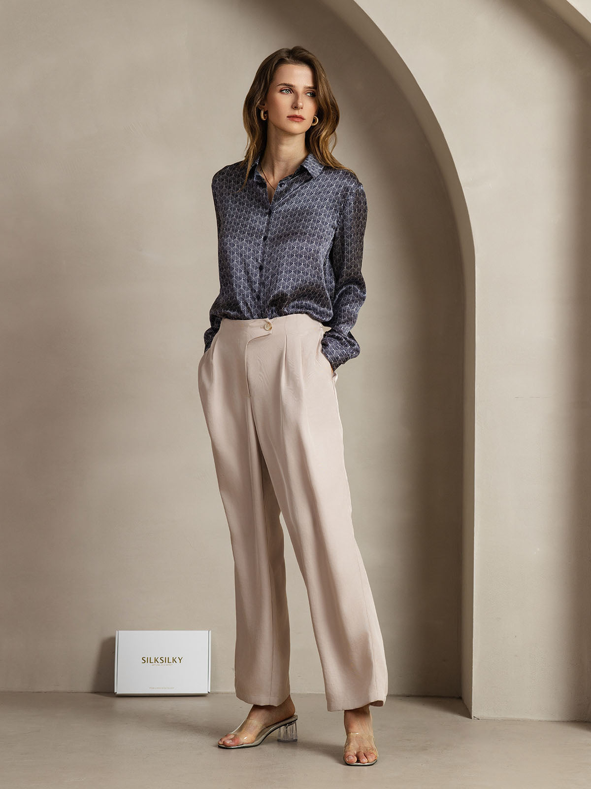 19Momme Seda Básica Cuello Militar Camisa