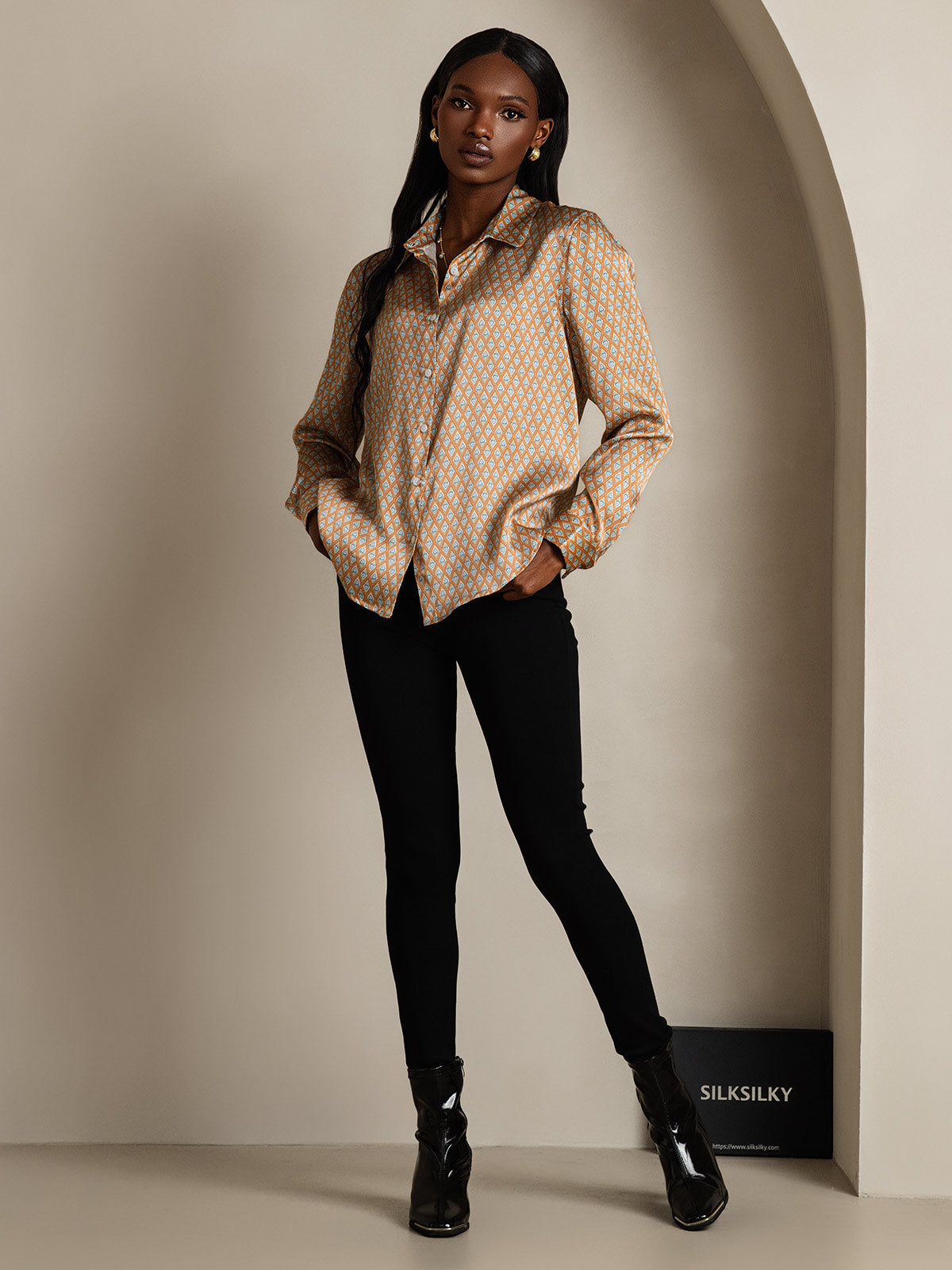 19Momme Seda Básica Cuello Militar Camisa