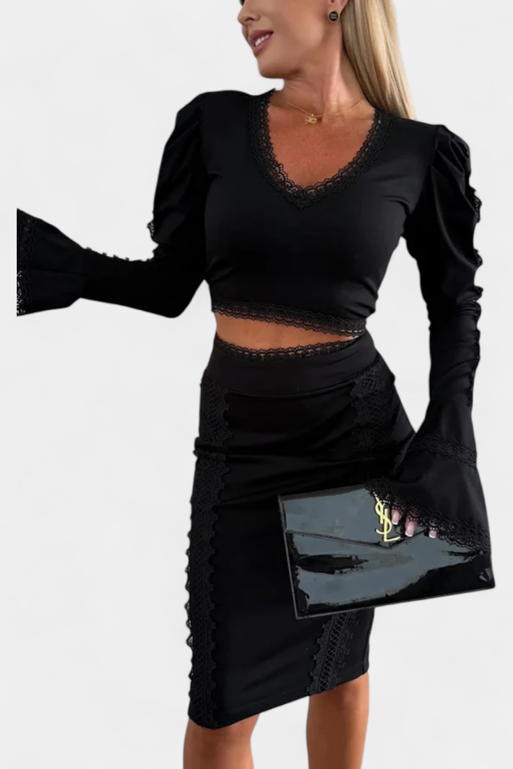Minerva Conjunto elegante con top de encaje y falda de tiro alto